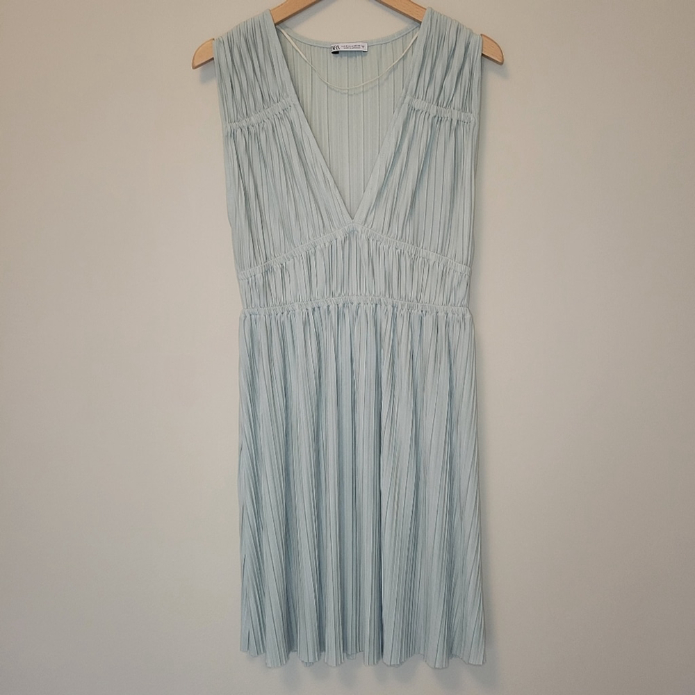 ZARA Women Light Green Pleated Dress | Size M
